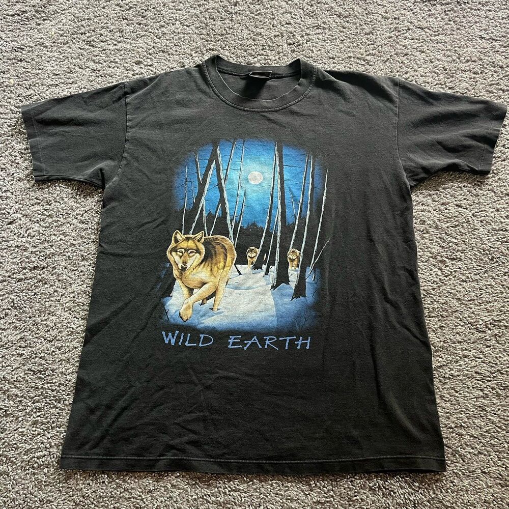 Vintage 90s Wild Earth Wolf T Shirt Nature Wildlife Black Size Large